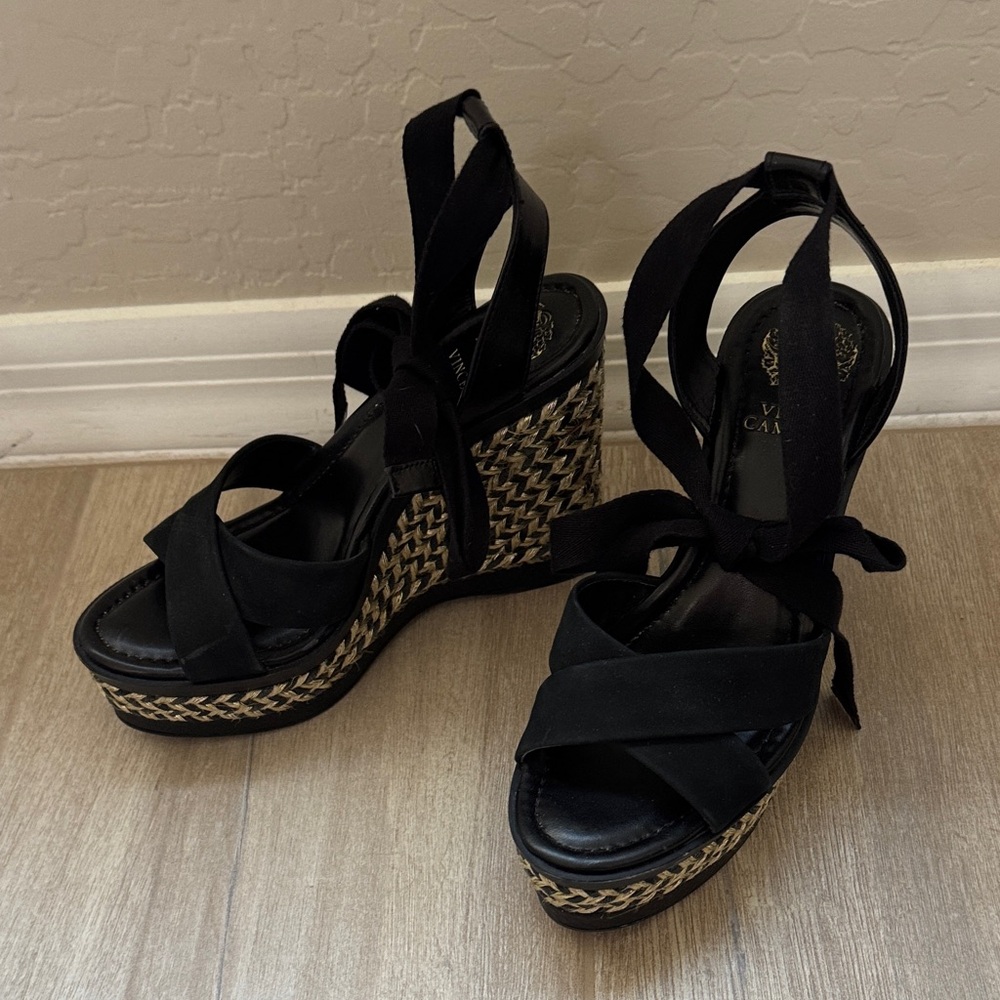 Vince Camuto Black and Gold Wedge Sandals - Picture 2 of 7